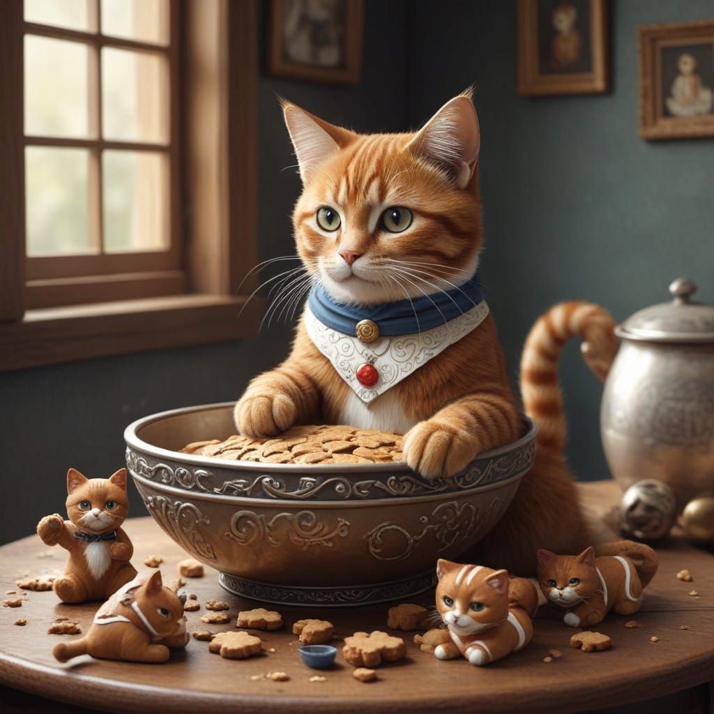 Whimsical Gingerbread Cat Warrior in a Camera Bowl, Storyboo...