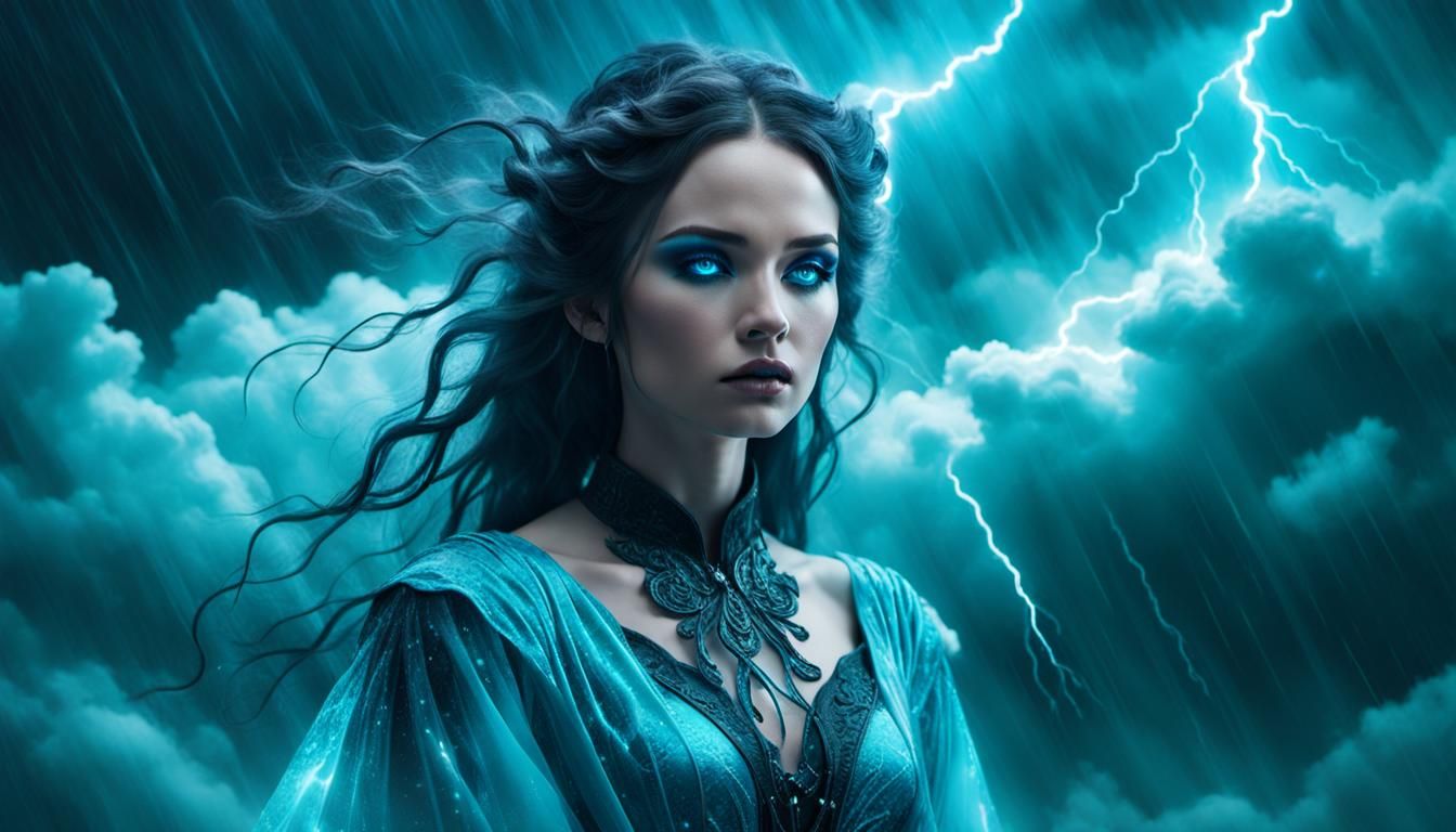 Woman in Cloud Dress Amidst Storm, Gothic Fantasy Art