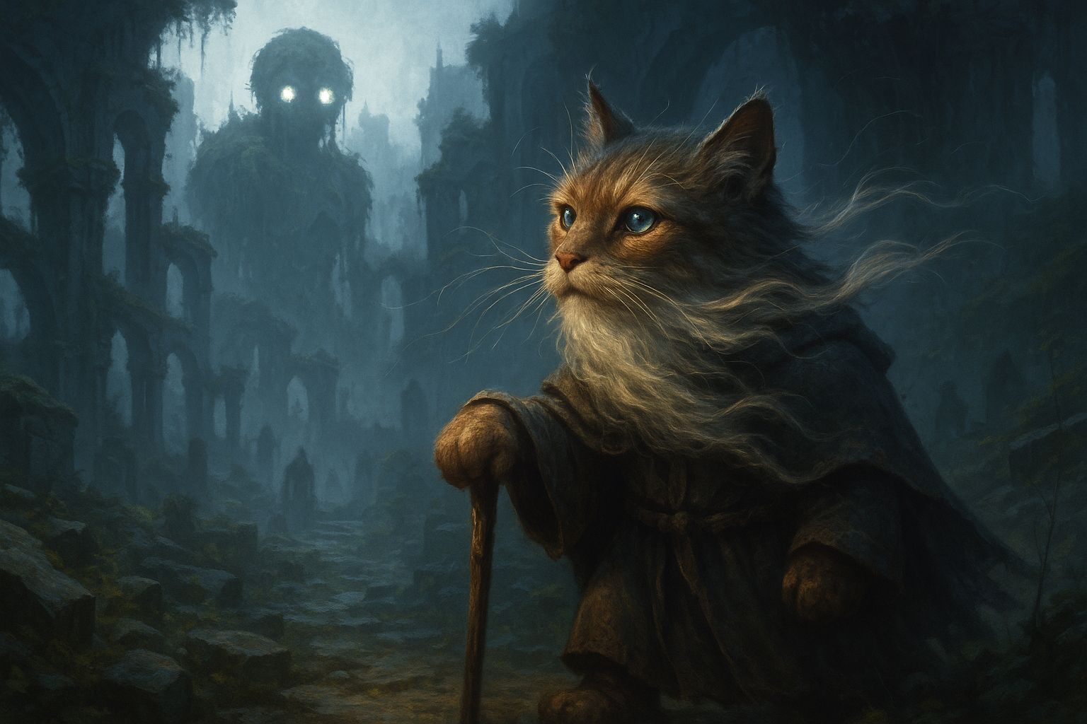 Misty Ruins Cityscape with Furry Cat Wizard