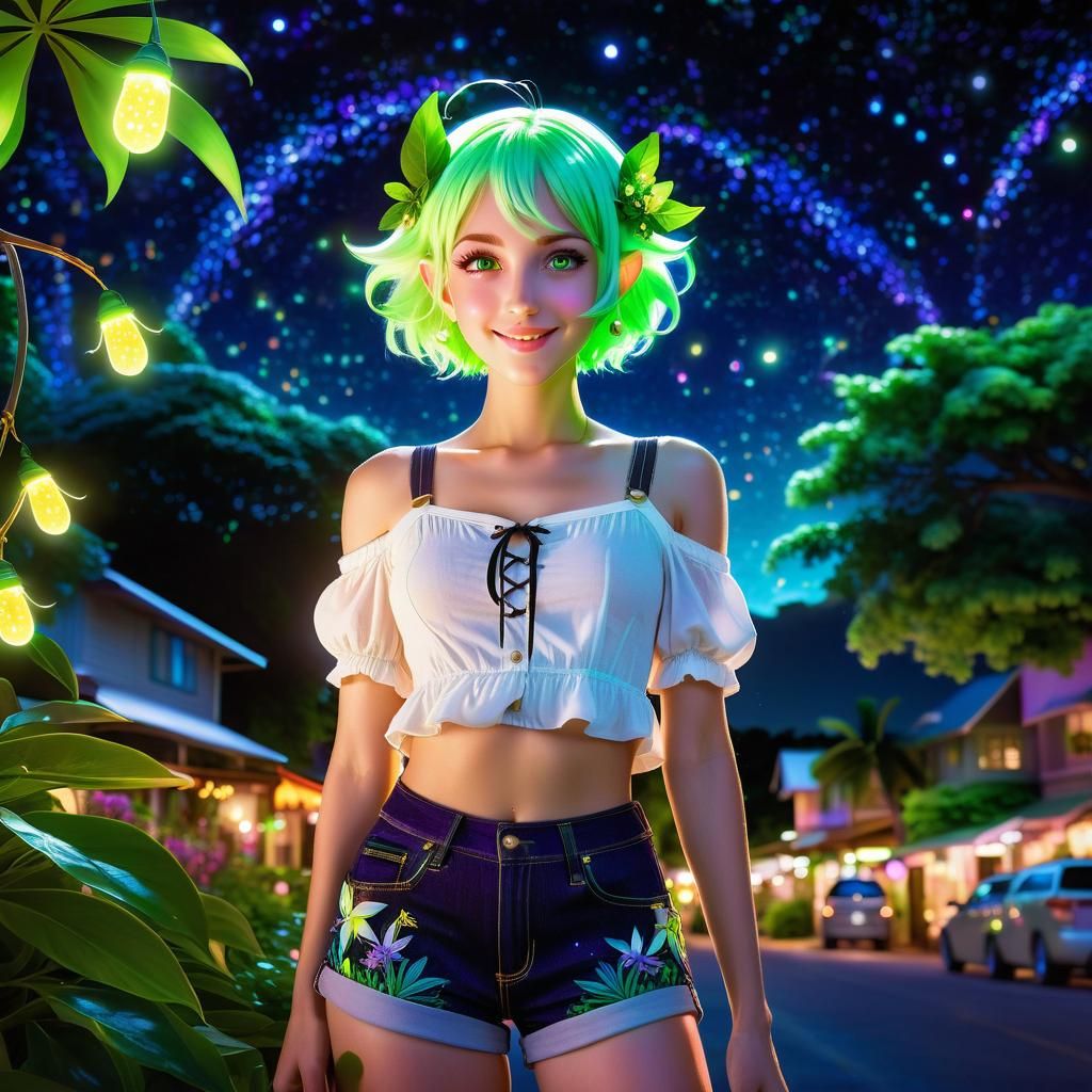 Lime-Haired Dryad in Tropical Manga Anime Style