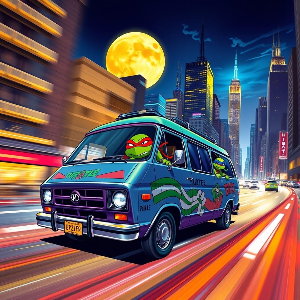 Turtle-Powered Van Zooms Through Neon NYC Night Sky