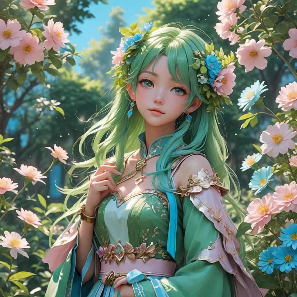Anime Style Art with Green, Blue, and Pink Hues