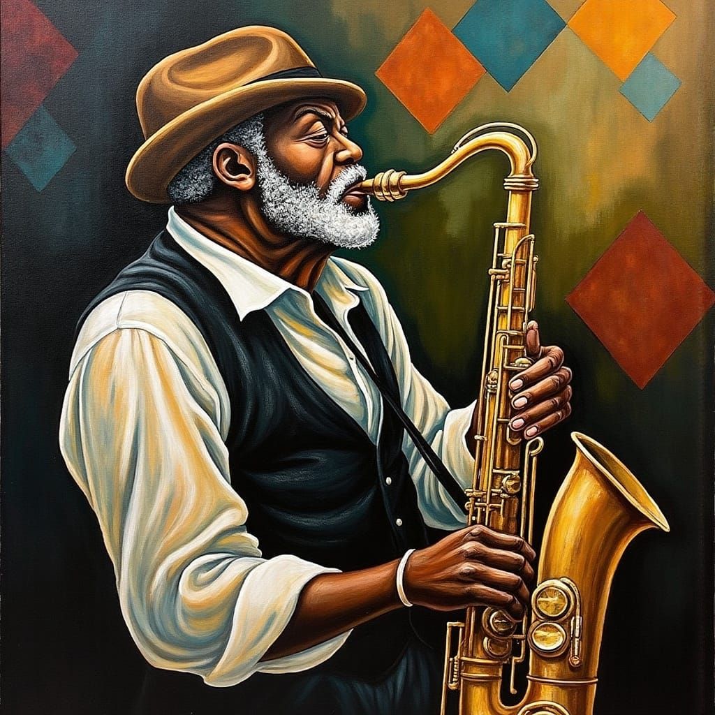 Saxophonist in Van Gogh Style with Art Deco Elements