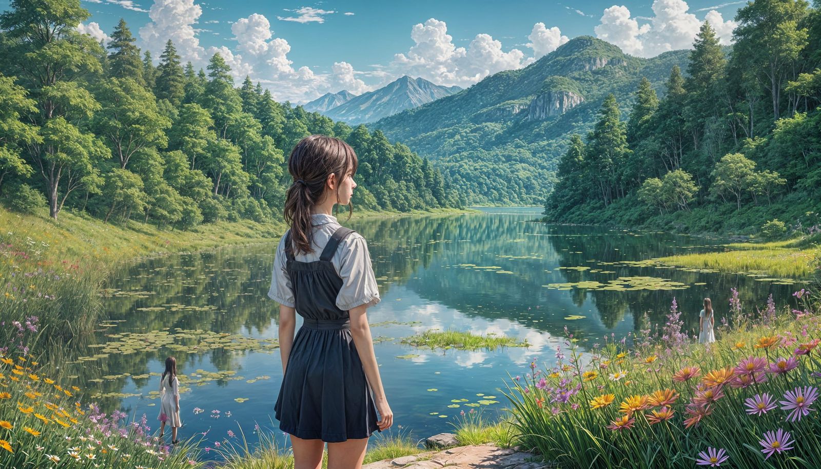 Girl by Lake: Cel-Shaded Anime-Style Landscape