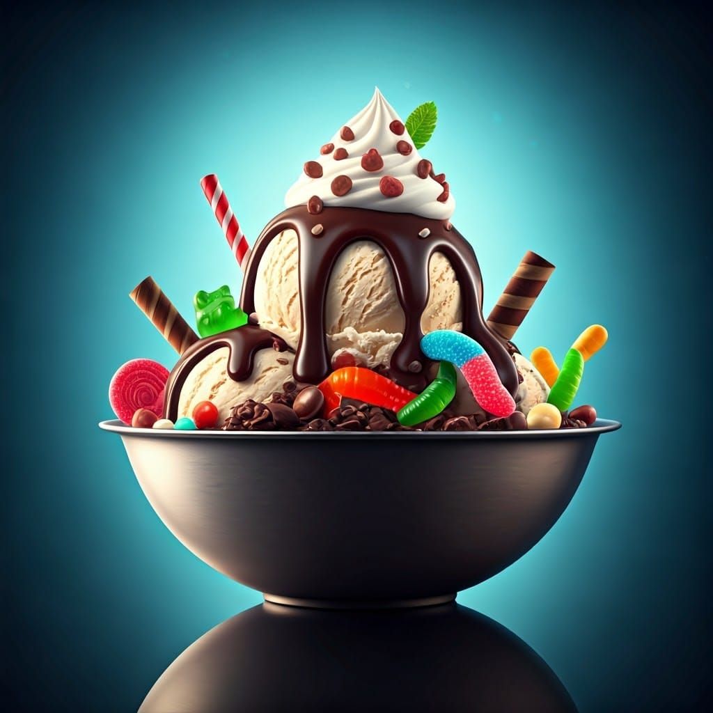 Decadent Ice Cream Sundae in Pixar Animation Style