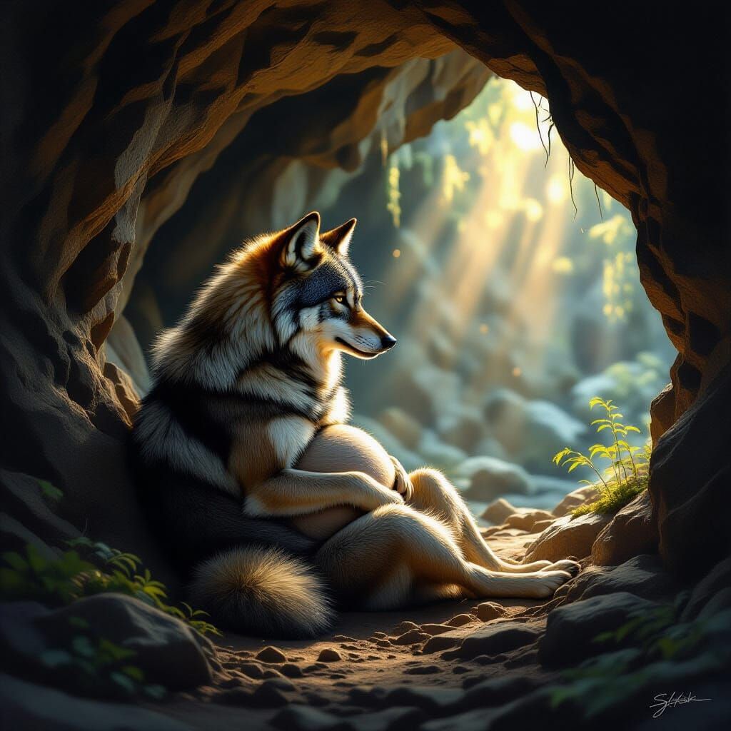 Pregnant Wolf in Ethereal Cave Digital Painting