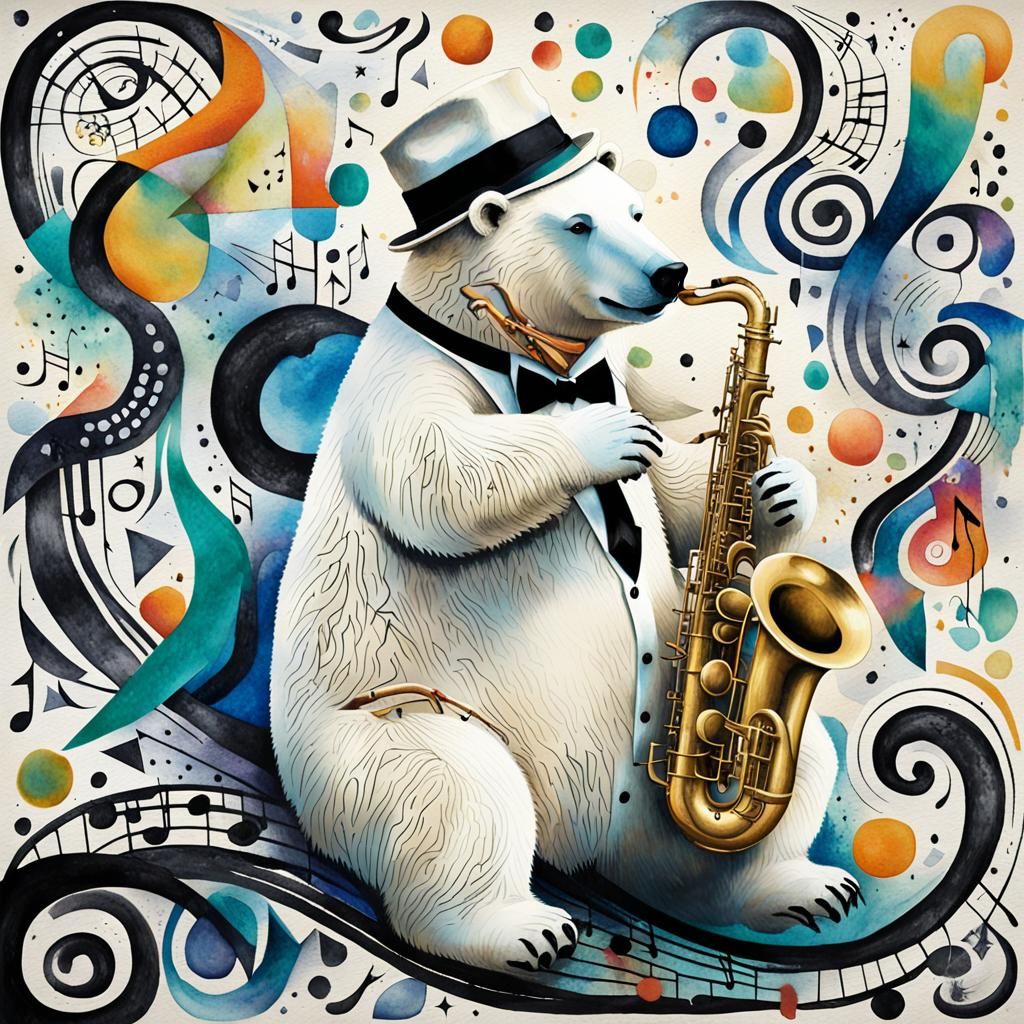 Jazz Polar Bear in Watercolor with Musical Graffiti