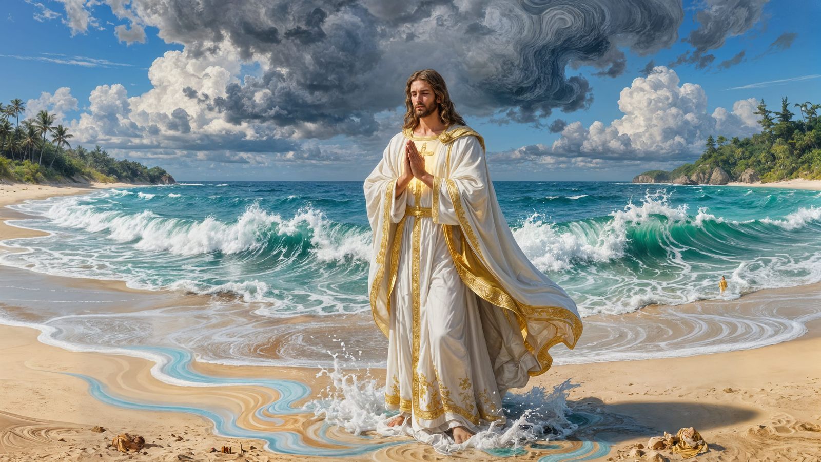 Divine Man in Prayer at Beach with Crashing Waves