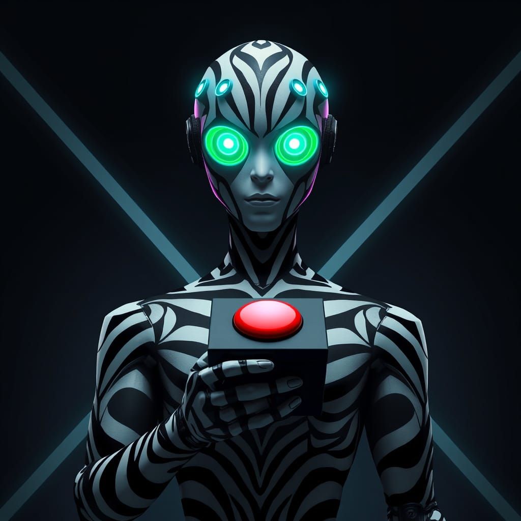 Cyberpunk Humanoid Figure in Neon-Lit Futurism