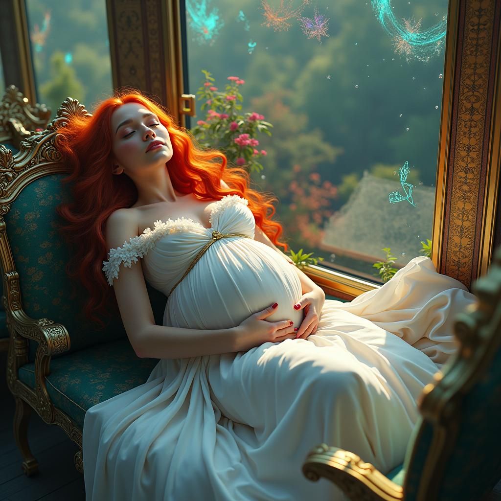 Pregnant Woman in Ethereal Train Scene, Matte Painting