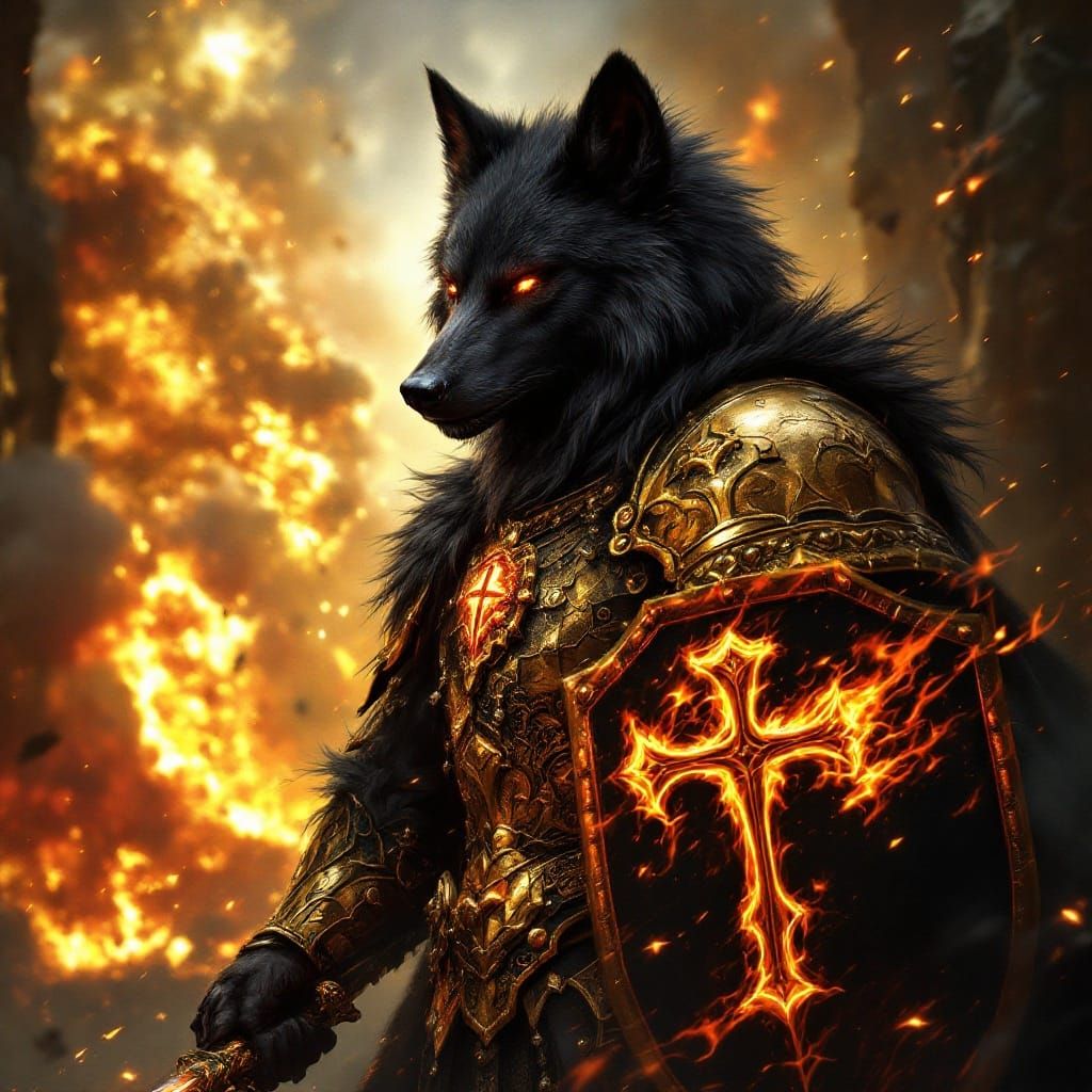 Majestic Black Wolf in Regal Gold Armor, Shield, and Flaming...