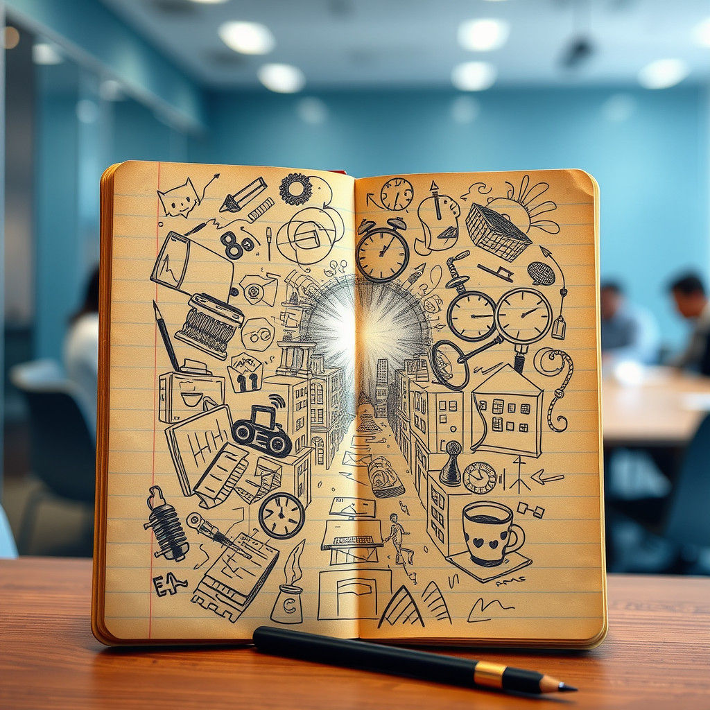 Escher-esque Doodles on Notebook Page with Escape Portal