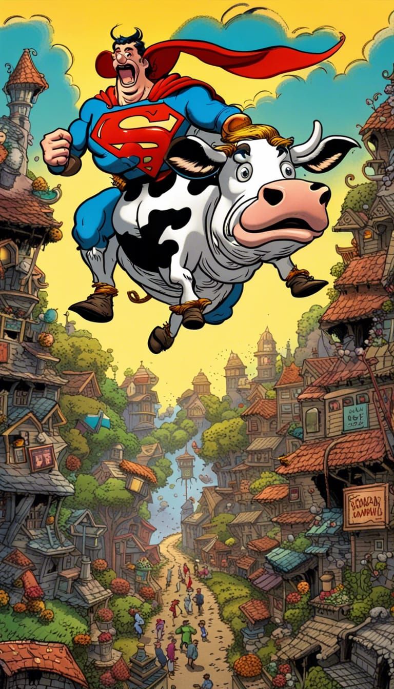 Superman sings opera on a flying cow