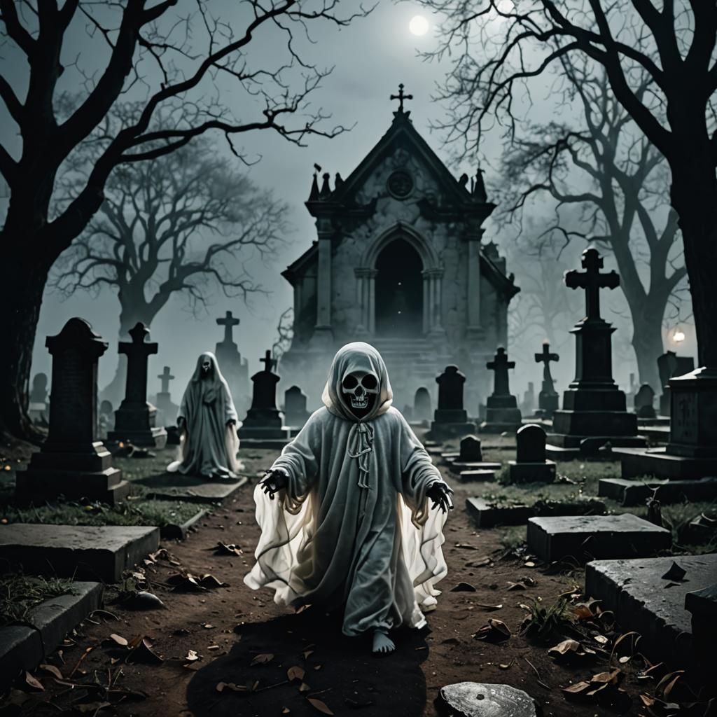 Eerie Graveyard Scene with Spirits in Dark Fantasy Art