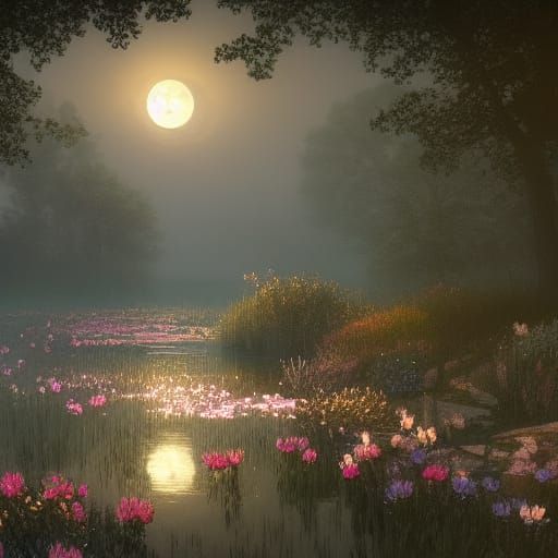 Moonlit Pond with Flowers: Digital Concept Art