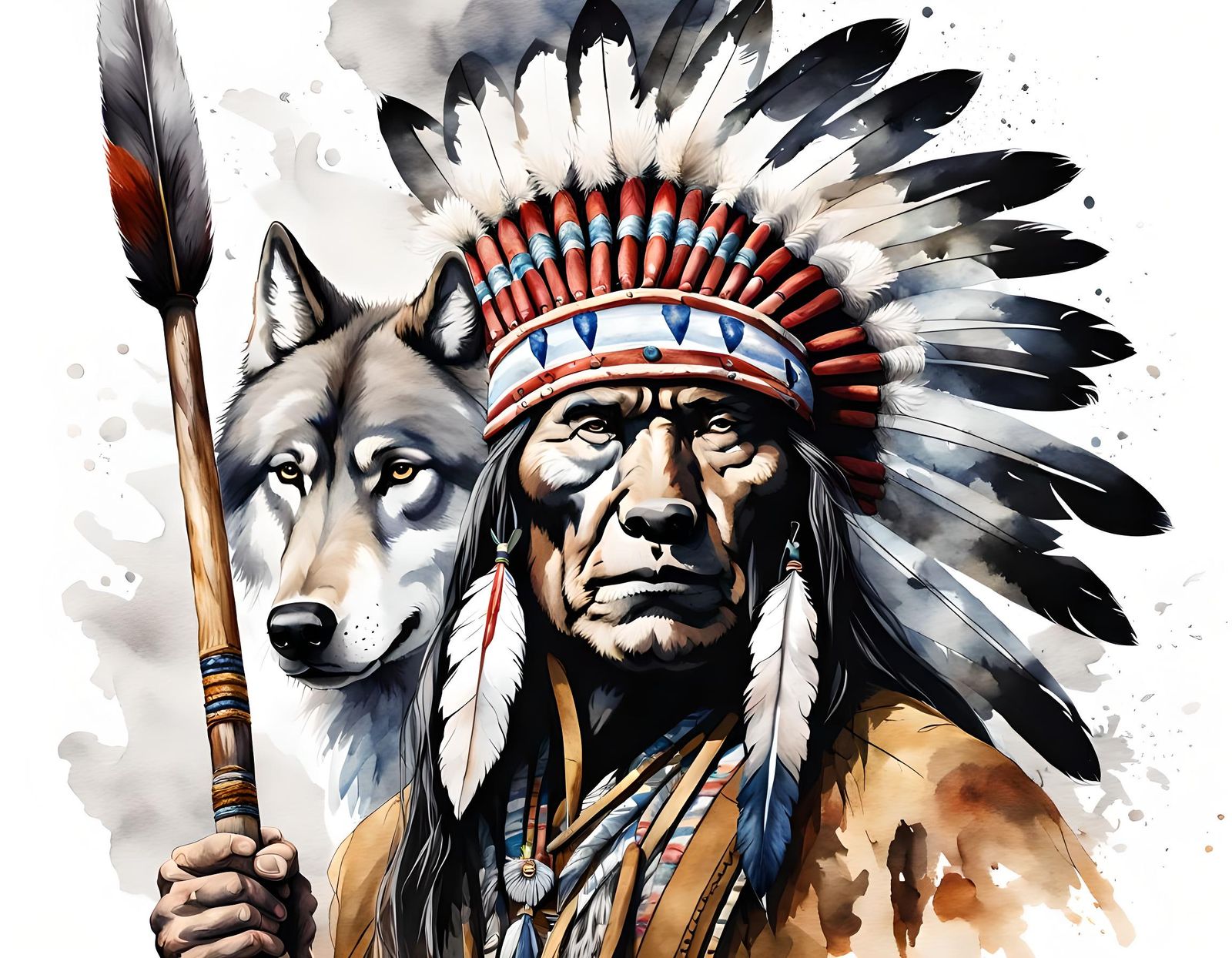 Native American Chief and Wolf Watercolor Illustration