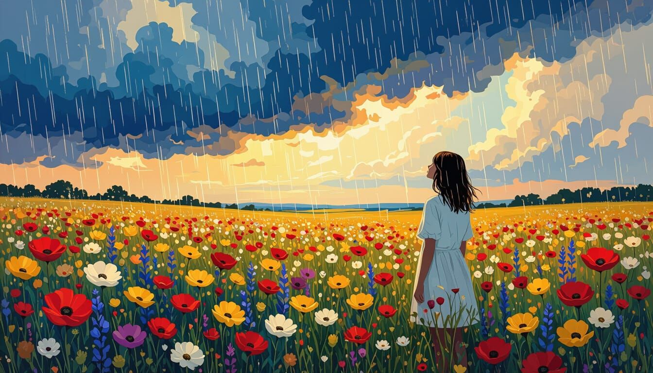 Surreal Garden Rain Shower of Light and Folklore Creatures