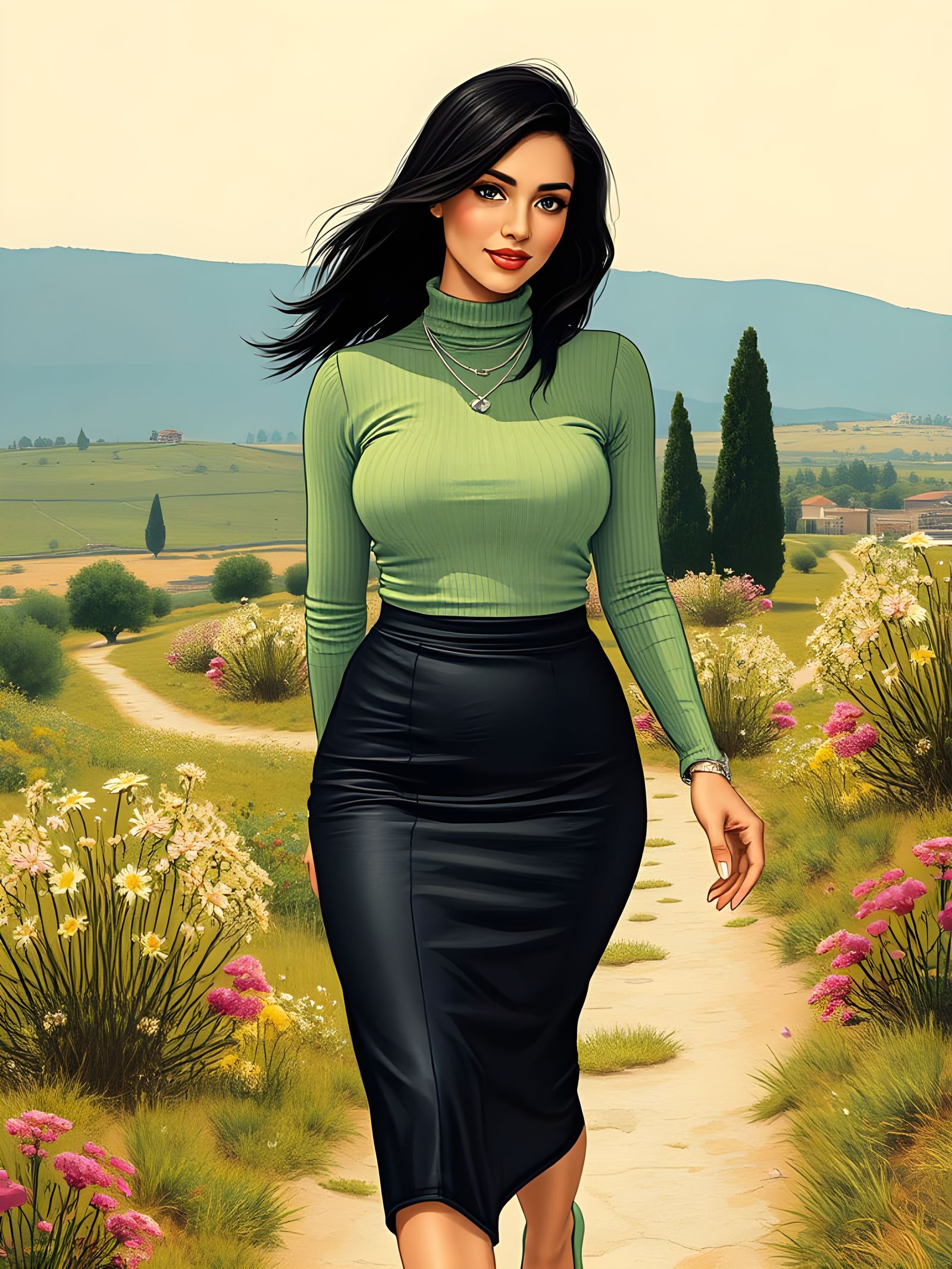 Palestinian Woman in Spring Landscape, Art Nouveau Style