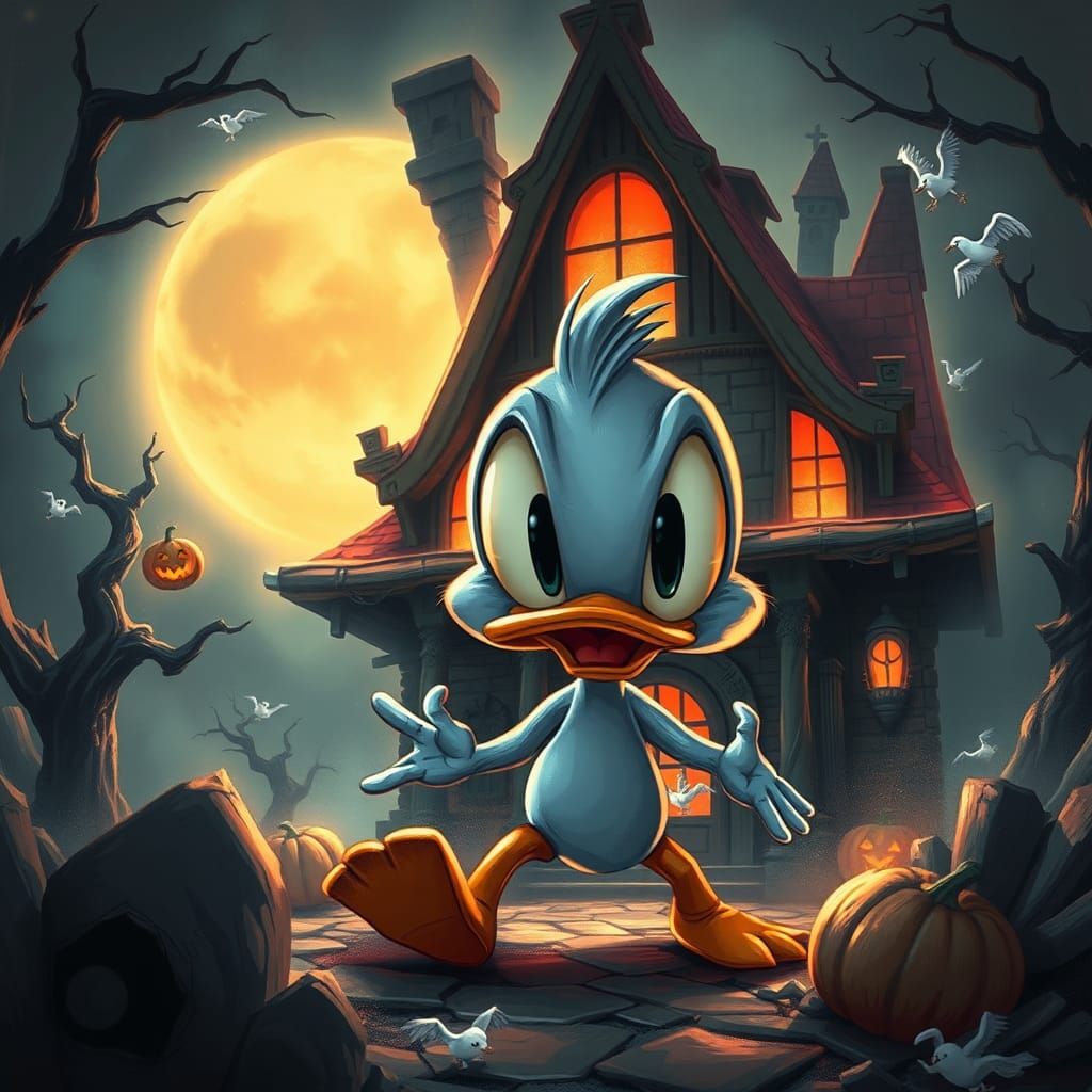 Chibi Daffy Duck in Haunted House