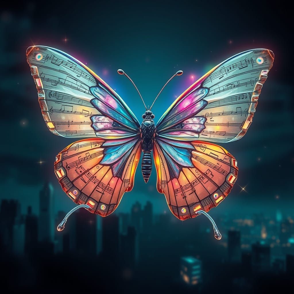 Iridescent Butterfly from Vintage Music Sheets in Neon Synth...