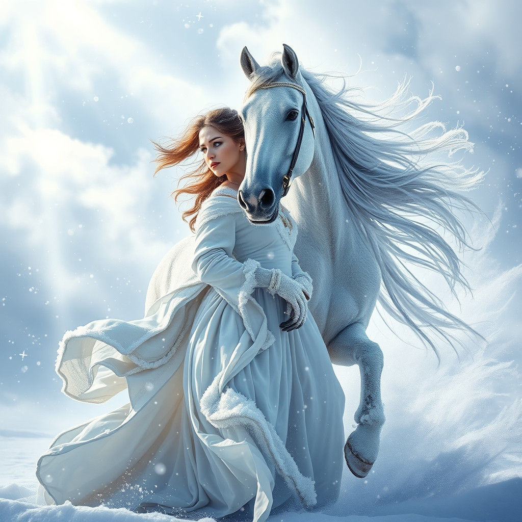 Woman and Arabian Horse in Winter Blizzard