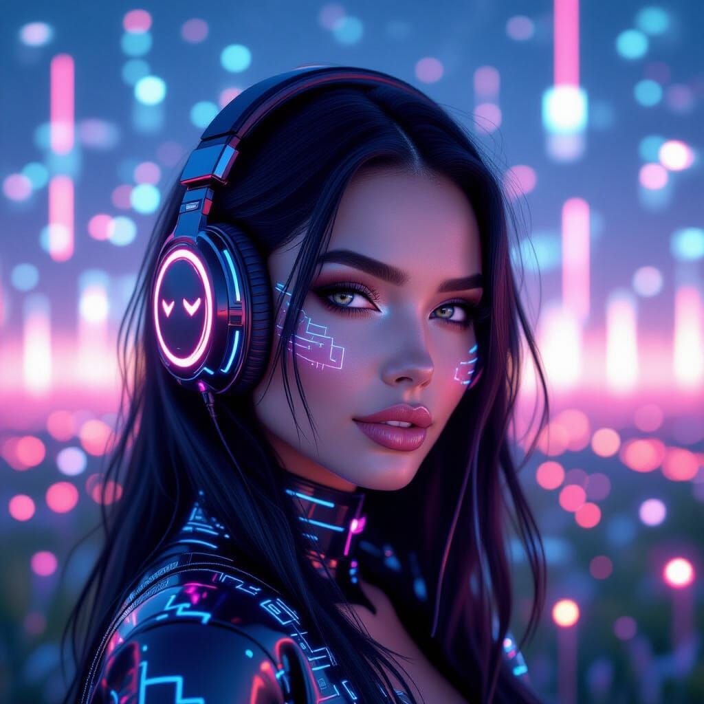 Futuristic Woman in Neon Circuit Landscape