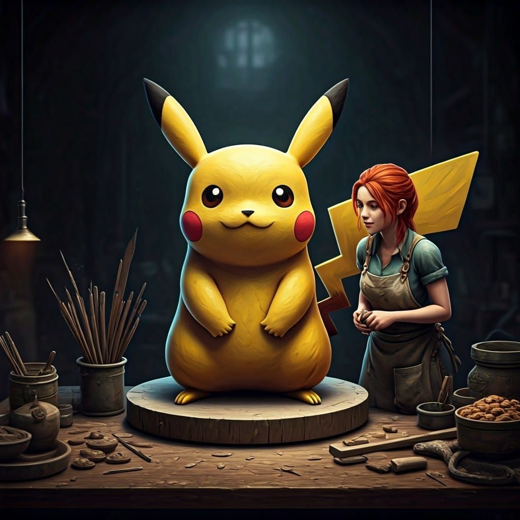Charming Clay Pikachu in Artisan Workshop Scene