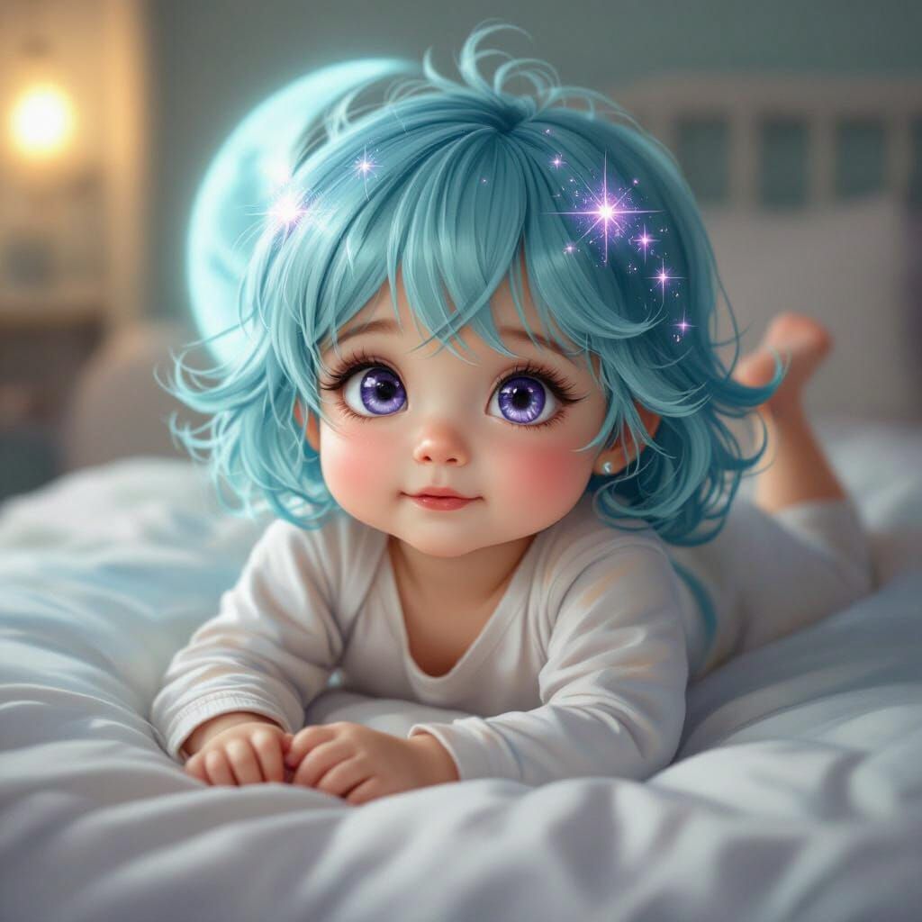 Cute Baby Girl with Aqua Moon Hair and Purple Eyes