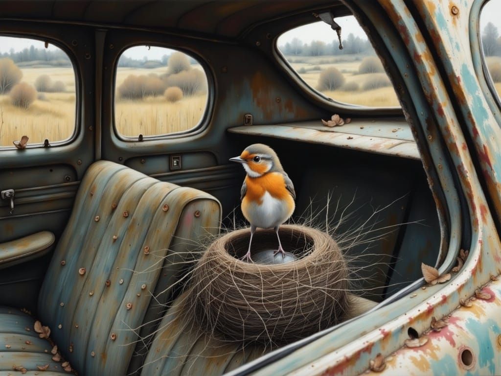 Bird Nest Inside Rusted Car: Detailed Illustration