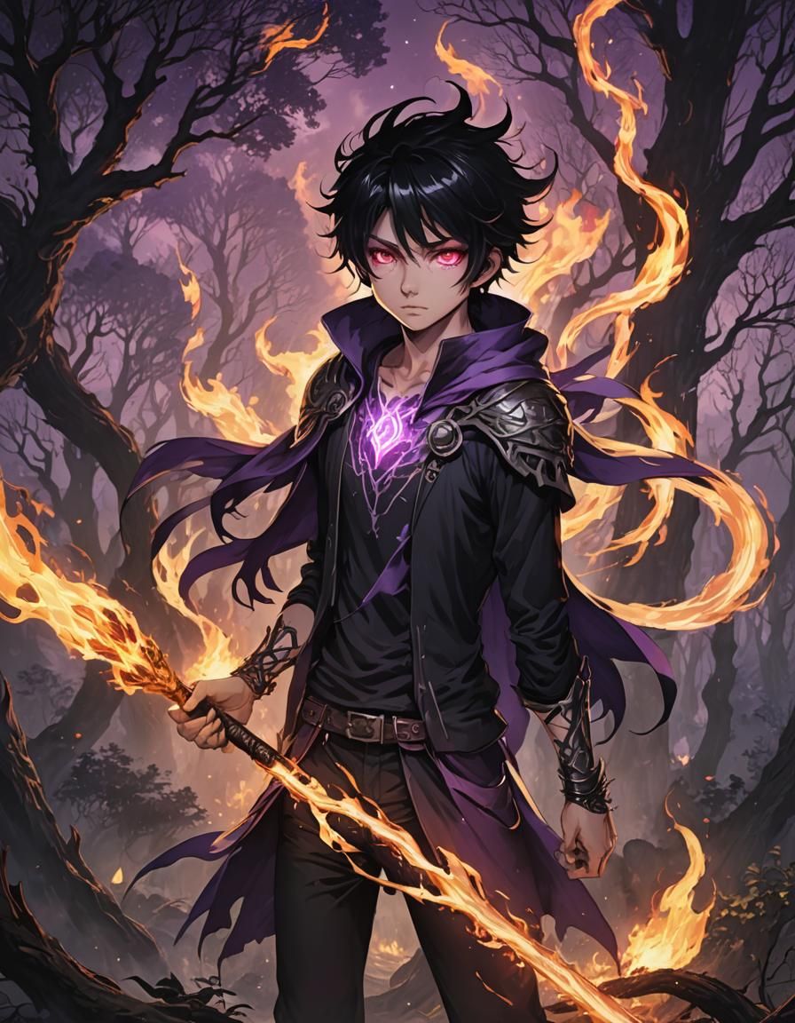 Gothic Youth Wielding Magic Staff in Anime Style