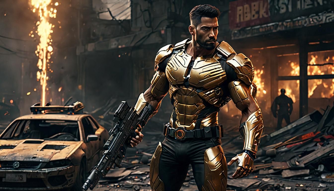 Cybernetic Hero in Burning Cyberpunk City