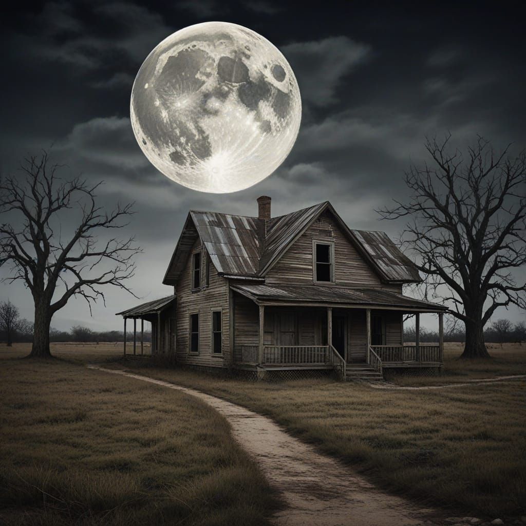 Eerie Haunted Farmhouse in Texas Under Full Moon