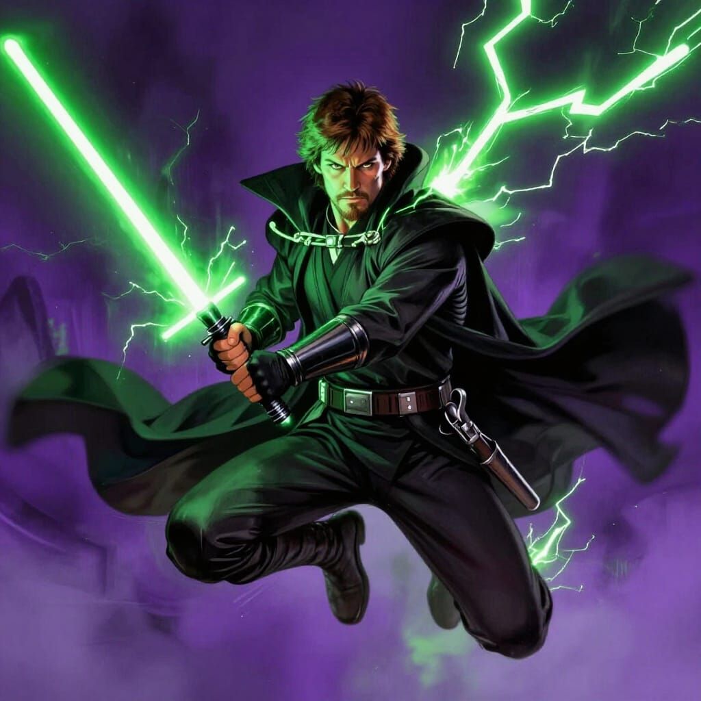 Jedi Master Dual-Wielding Lightsabers Amidst Green Lightning