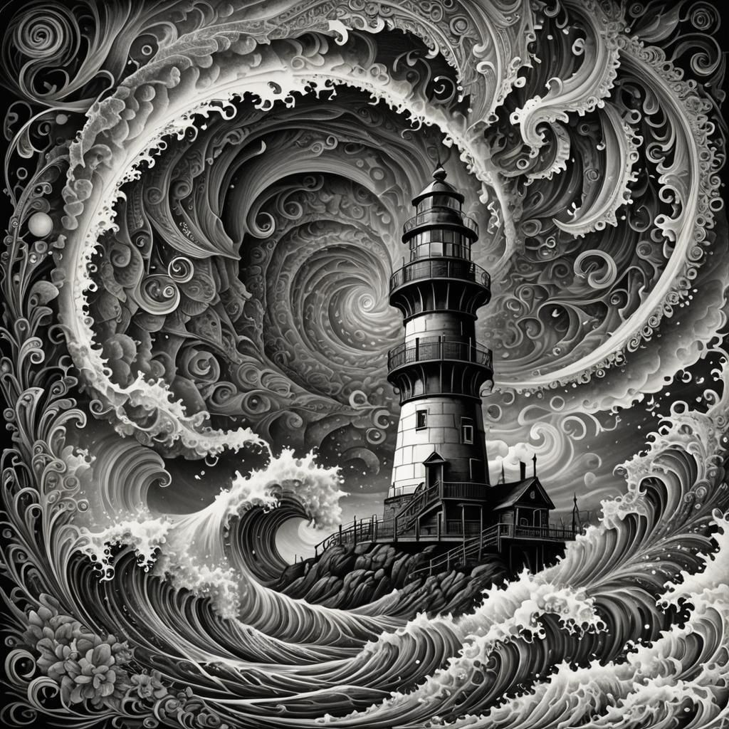 Lighthouse in Stormy Vortex: Pen and Ink Surrealism