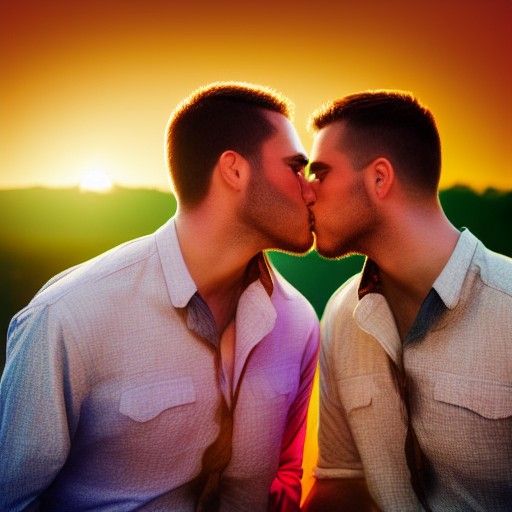 Men Kissing Under Rainbow in Golden Light