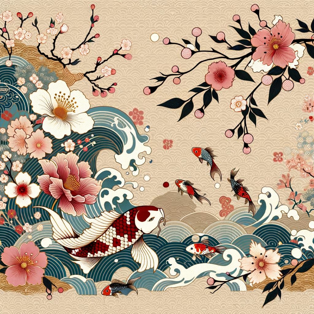 Seamless Japanese Textile Print Design with Cherry Blossoms