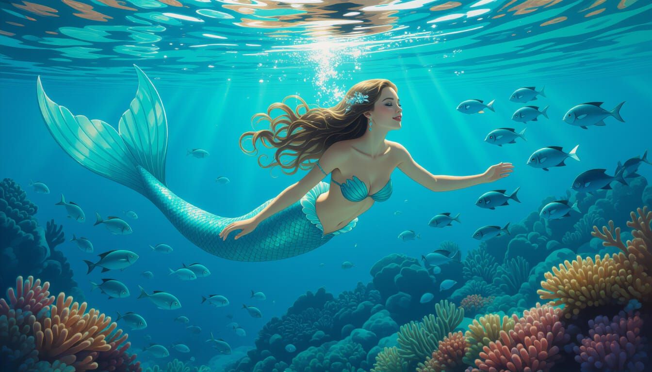 Mermaid Saves Sailor in Coral Reef
