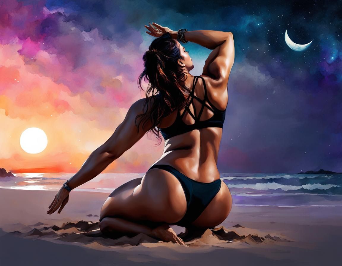 Curvy Woman Doing Yoga on Beach in Watercolor Style
