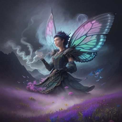 Luminescent Smoke Dragon in Maximalist Flower Meadow