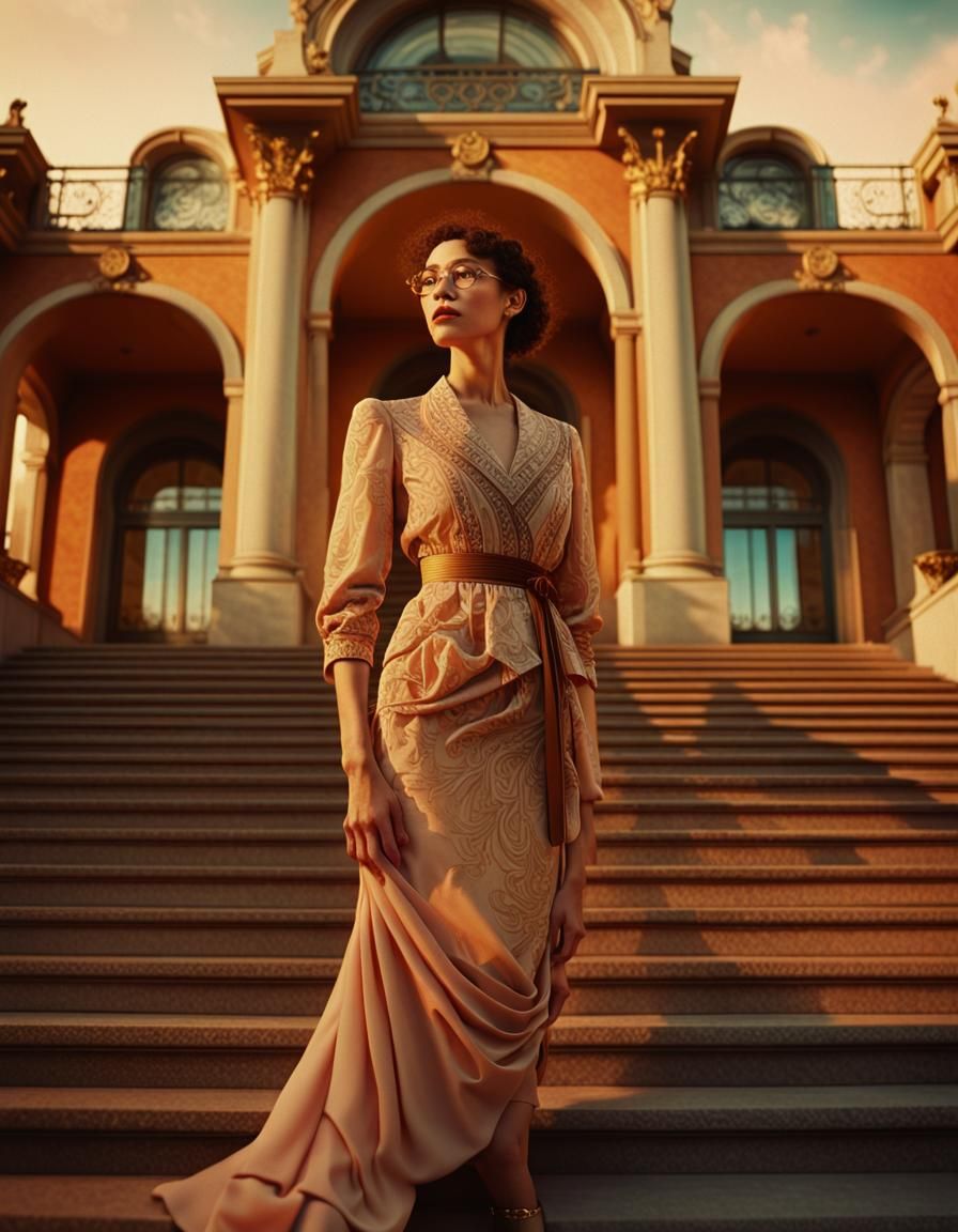 Woman with Spectacles on Grand Steps, Art Nouveau Style