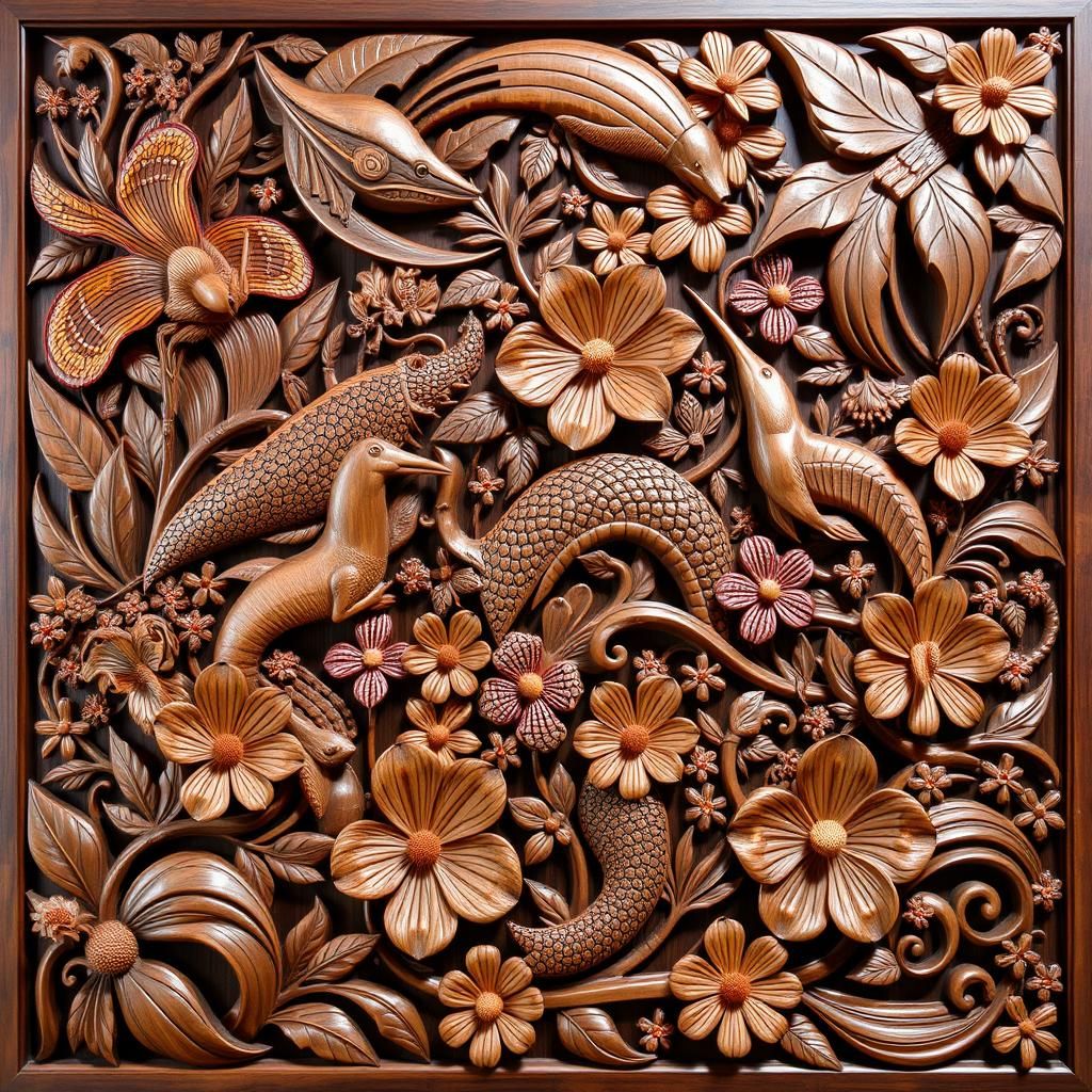 Pacific Island Wood Carving with Animals and Flowers