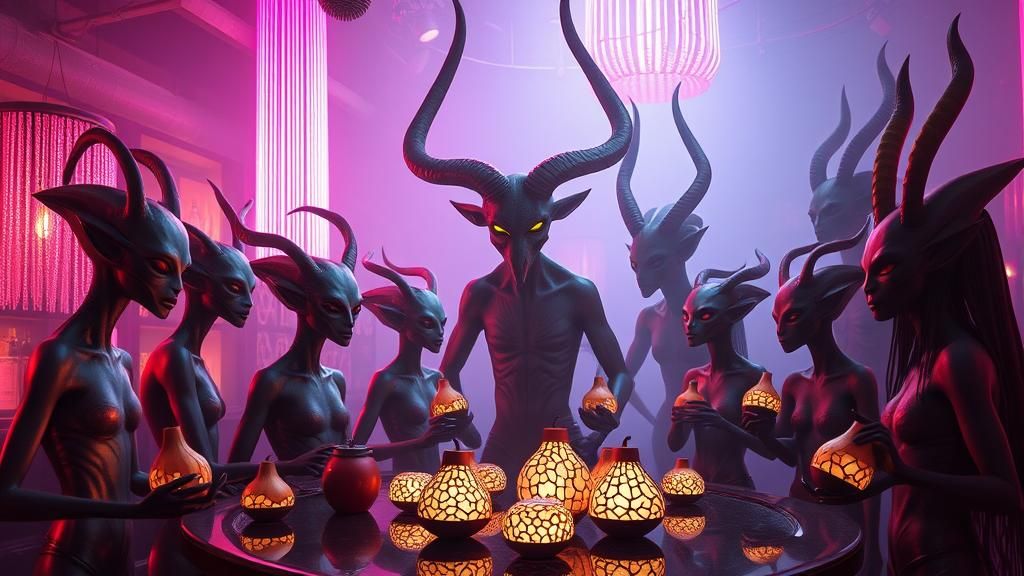 Surreal Alien and Demon Gathering in Dream Bar
