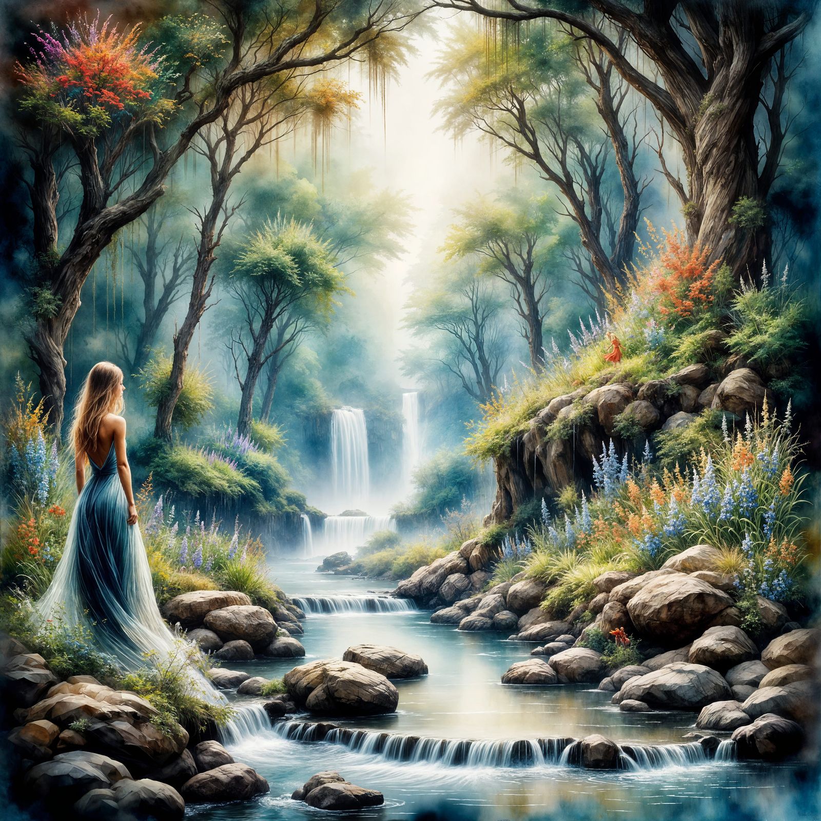 Whimsical Watercolor Landscape with Majestic Trees and Spark...