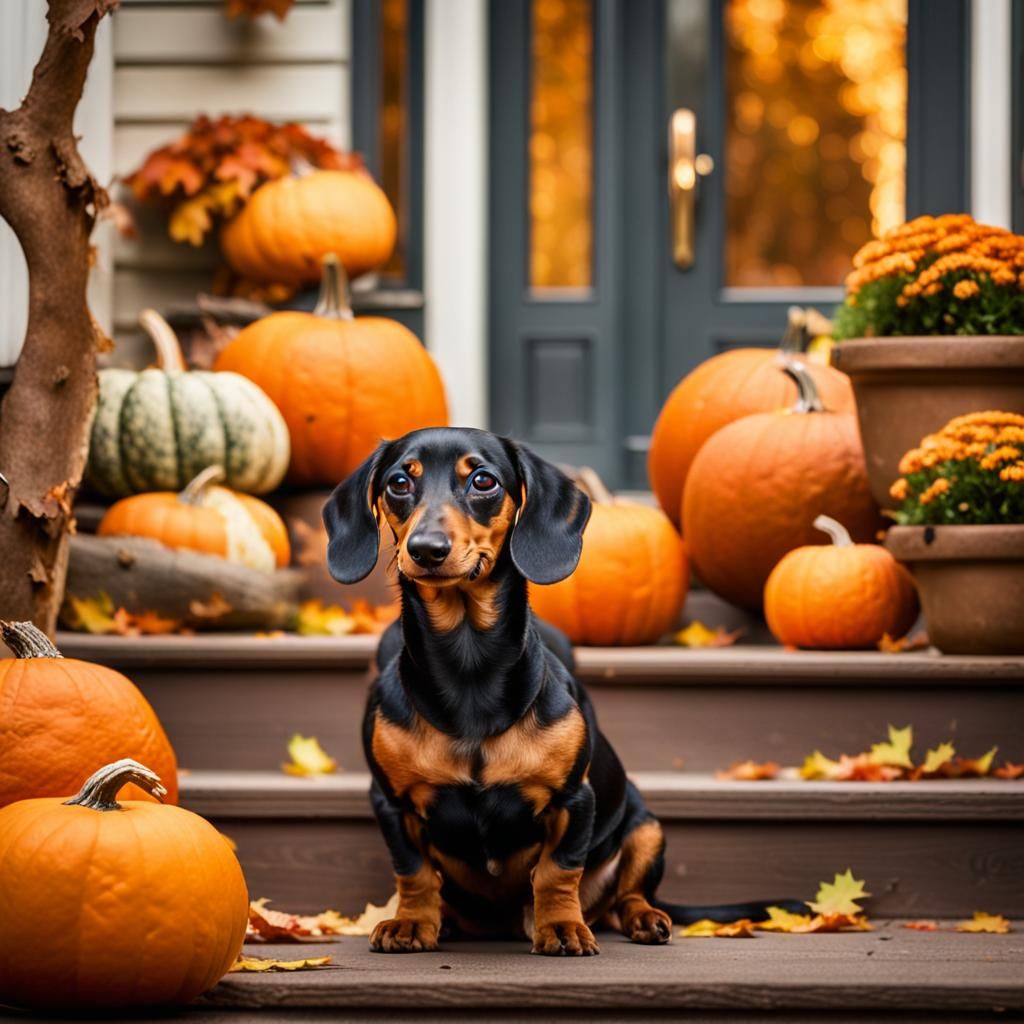 Dachshund Surrounded by Pumpkins in Autumnal Scene