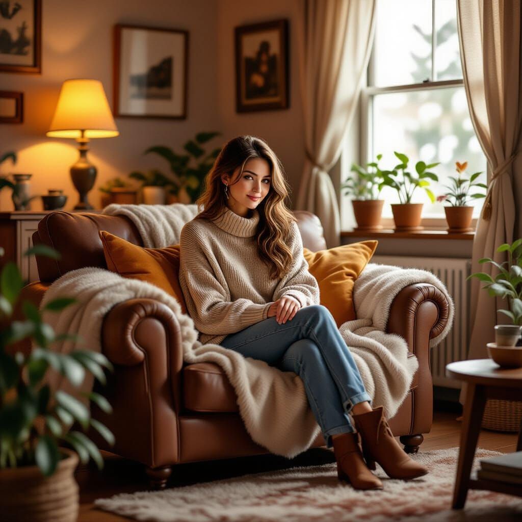Cozy Woman in Warm, Inviting Living Room: Digital Painting