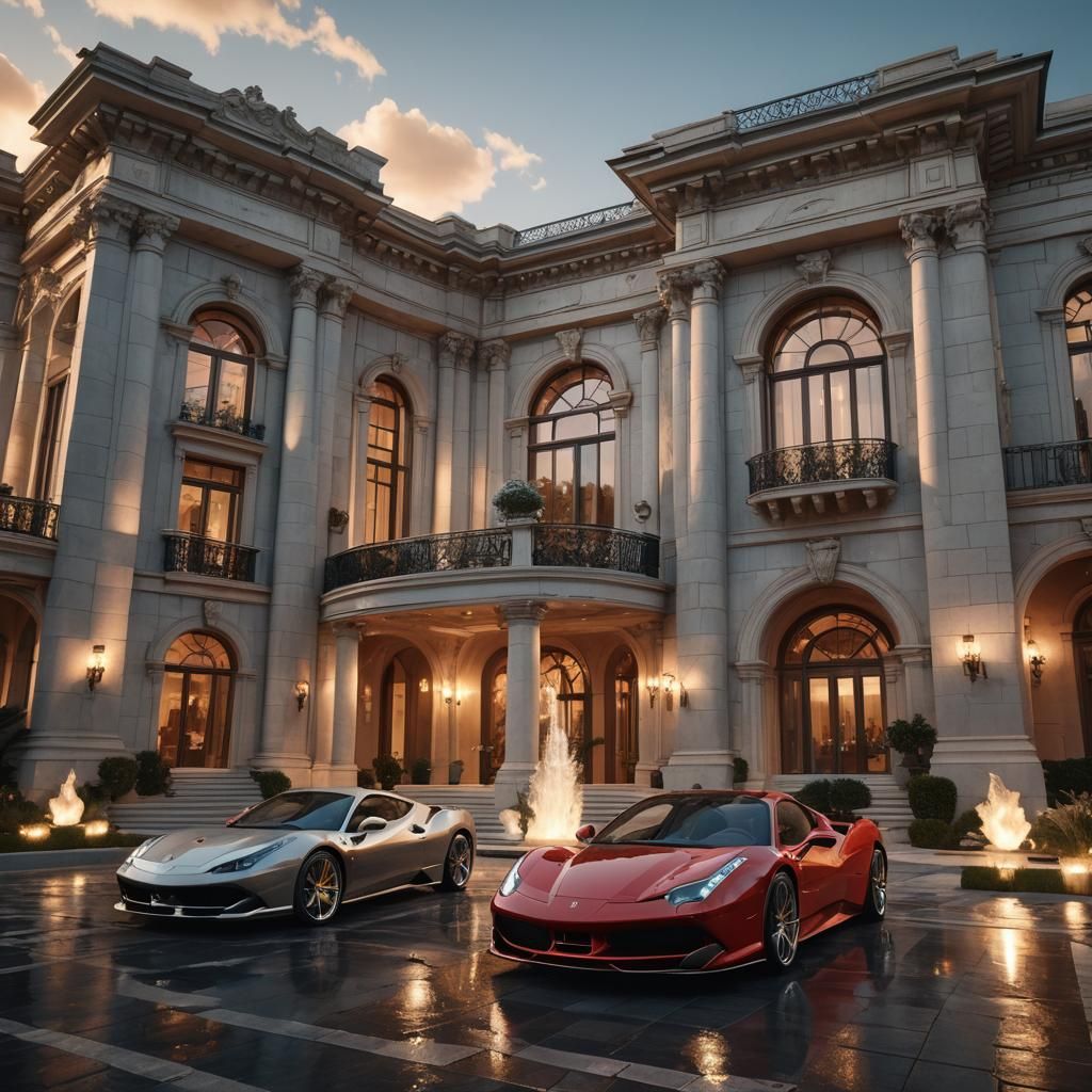 Luxurious Ferrari Mansion with Fountain in 3D Style