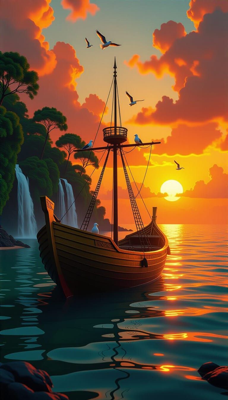 Golden Ship at Sunset: A 3D Illustration