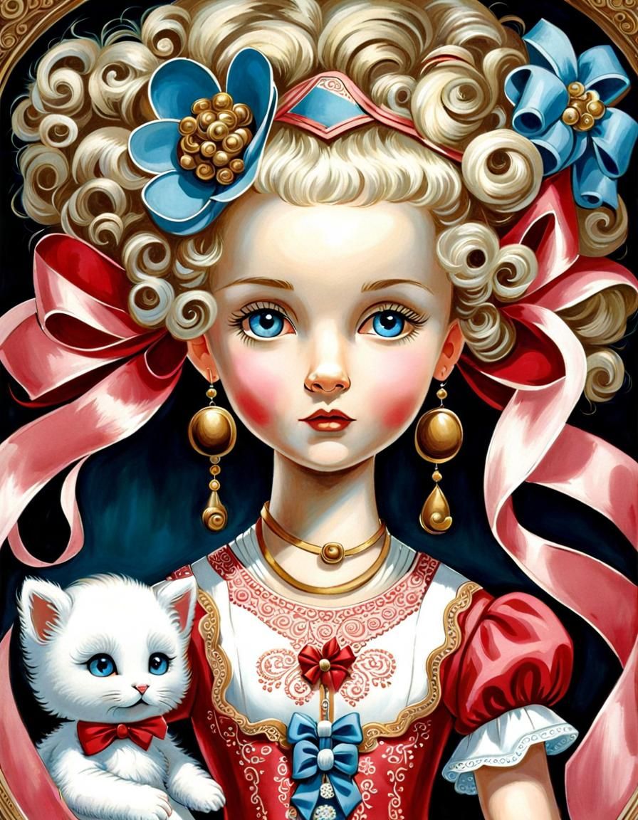 Vintage Baby Girl with Doll in Gouache Style