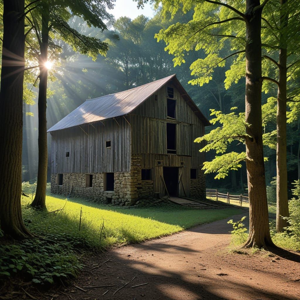 Vintage Appalachian Barn in Forest Dappled Light