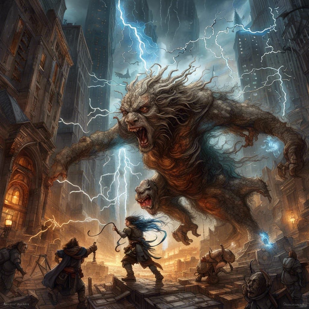 Thunder God Battles Winged Monsters in Dark Fantasy